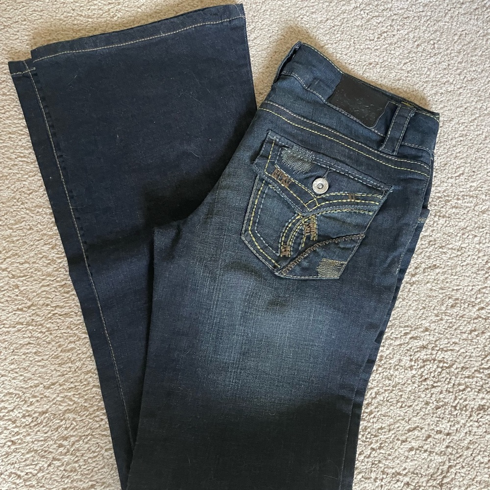 Paris Blues Y2K Low Rise Dark Blue Flare Jeans 35” long